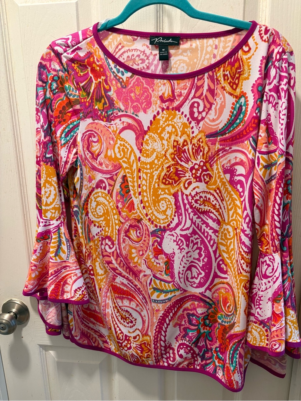 Nicole Miller Pink Paisley Bell-Sleeve Blouse